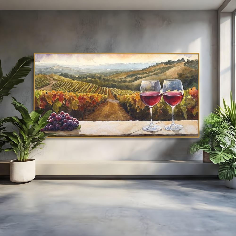 Tablou canvas cu tablou canvas cu peisaj viticol si pahare de vin, in rama de aluminiu auriu